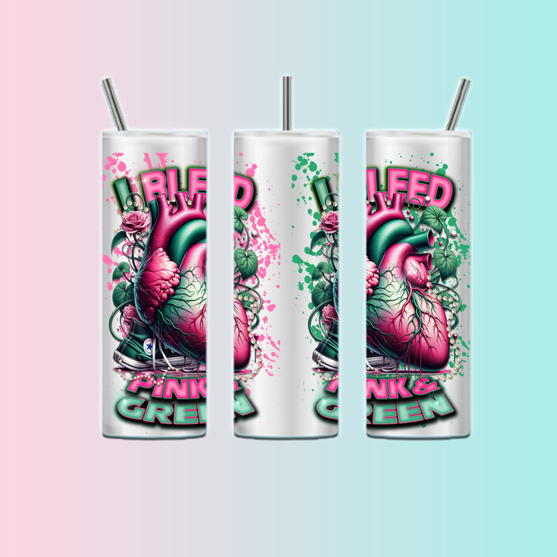 Custom AKA sorority tumbler with pink and green sublimation design