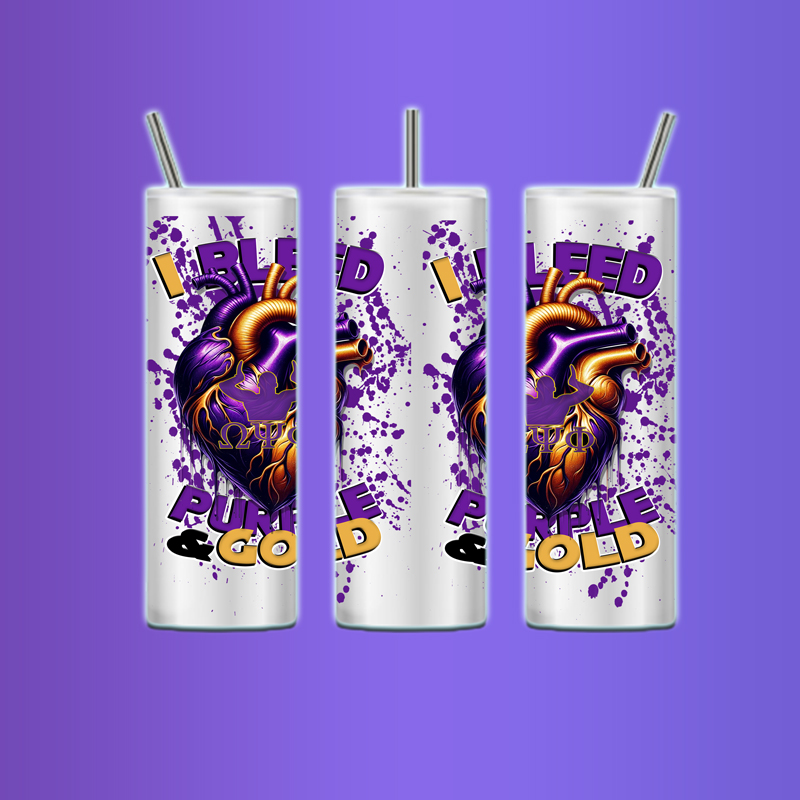 Custom Omega Psi Phi fraternity tumbler with purple and gold design