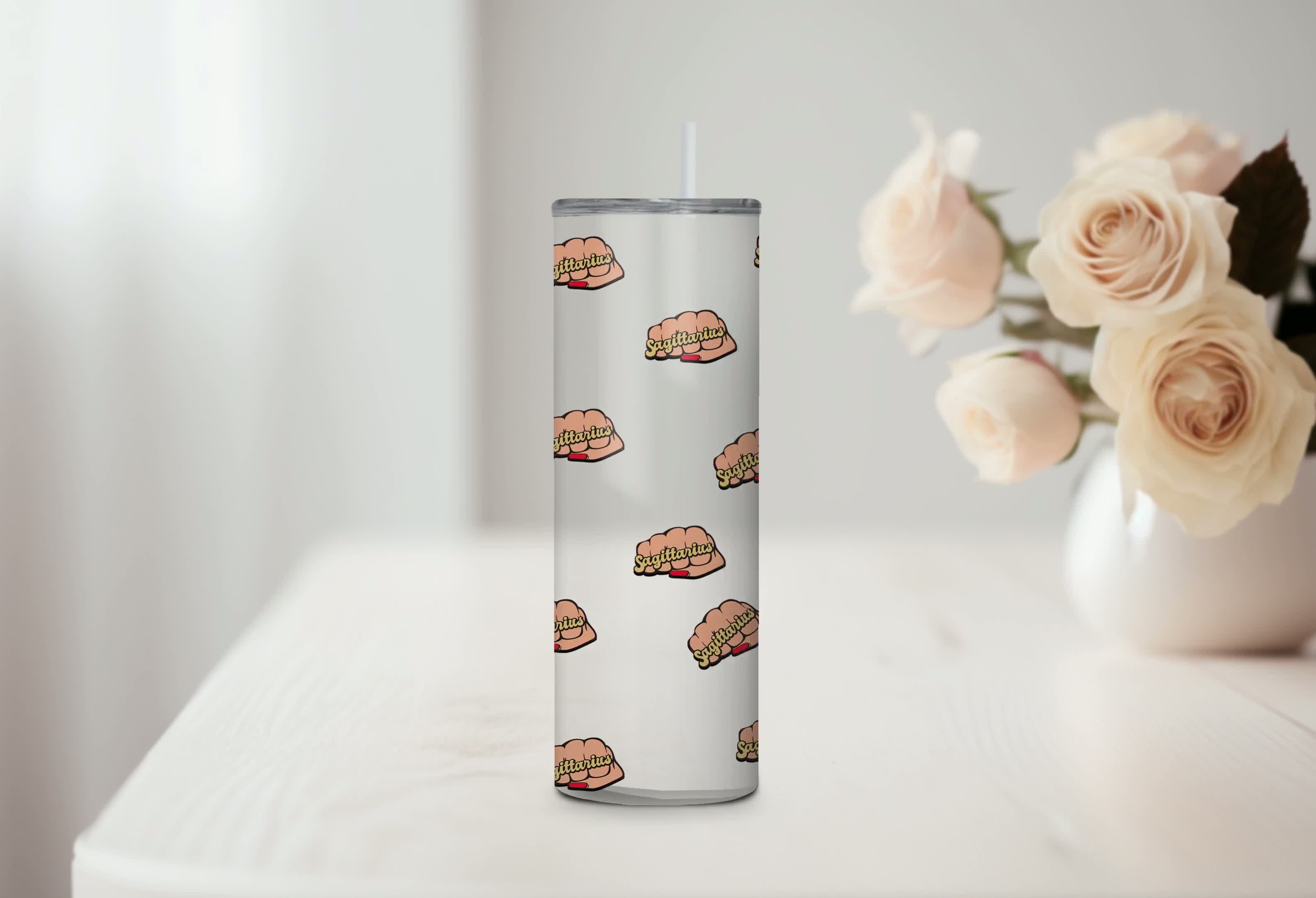 Sagittarius zodiac tumbler with bold fist and fire artwork